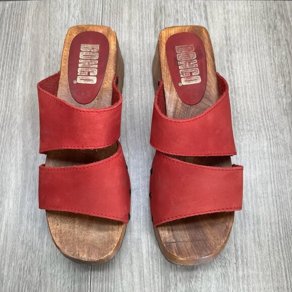 Bongo Wooden Platform Clog Sandal Size 9 Slip On Block Heel Open Toe Leather Red - Picture 3 of 12
